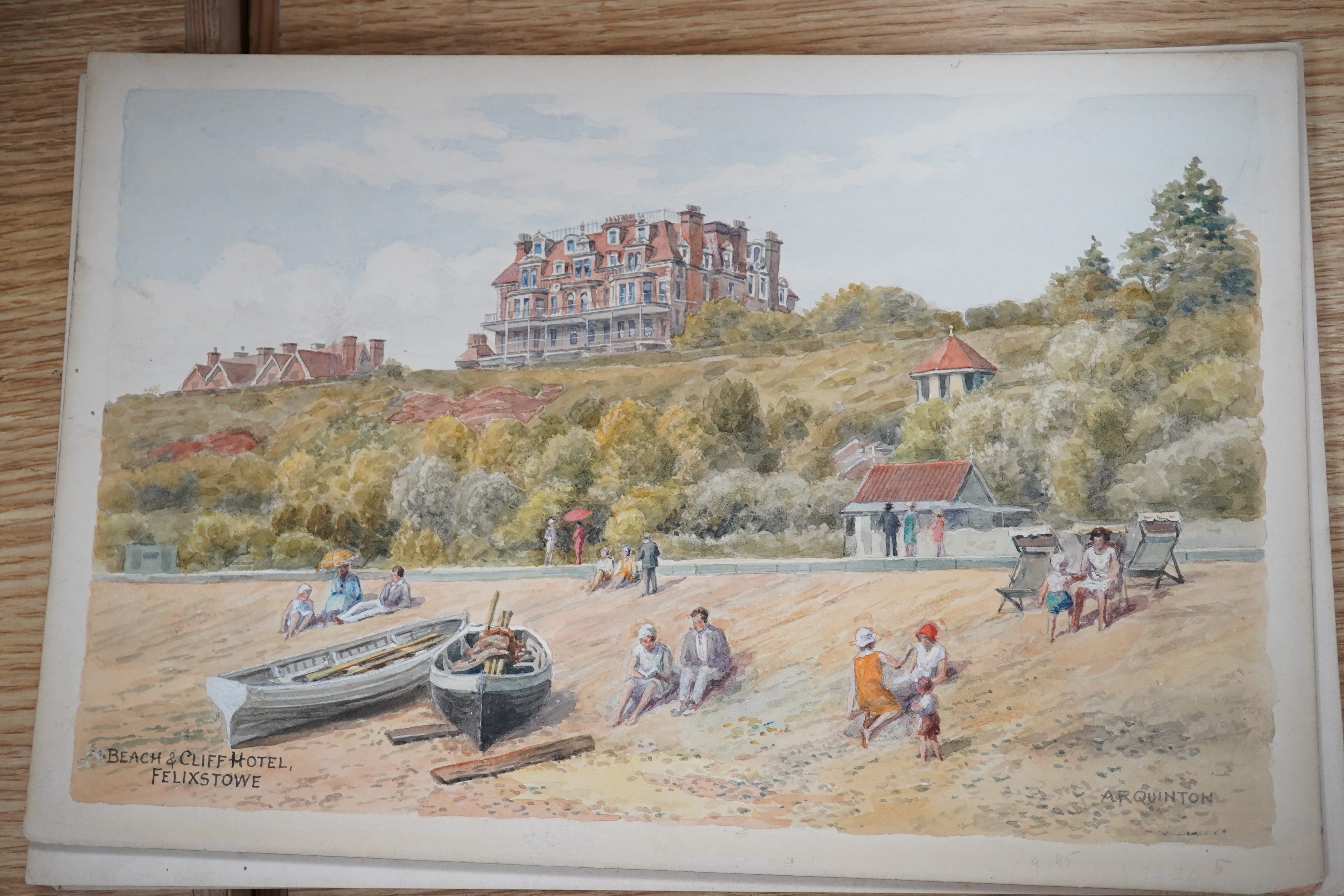 Alfred Robert Quinton (1853-1934), four original watercolours for postcards, East Anglia Coast views comprising The pavilion & beach, Clacton-on-sea, The Beach, Felixstowe, Suffolk, The Promenade, WestCliff-on-Sea and Gr